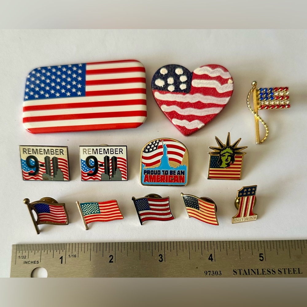 American Flag Patriotic Brooch Pin Set - Red, White & Blue